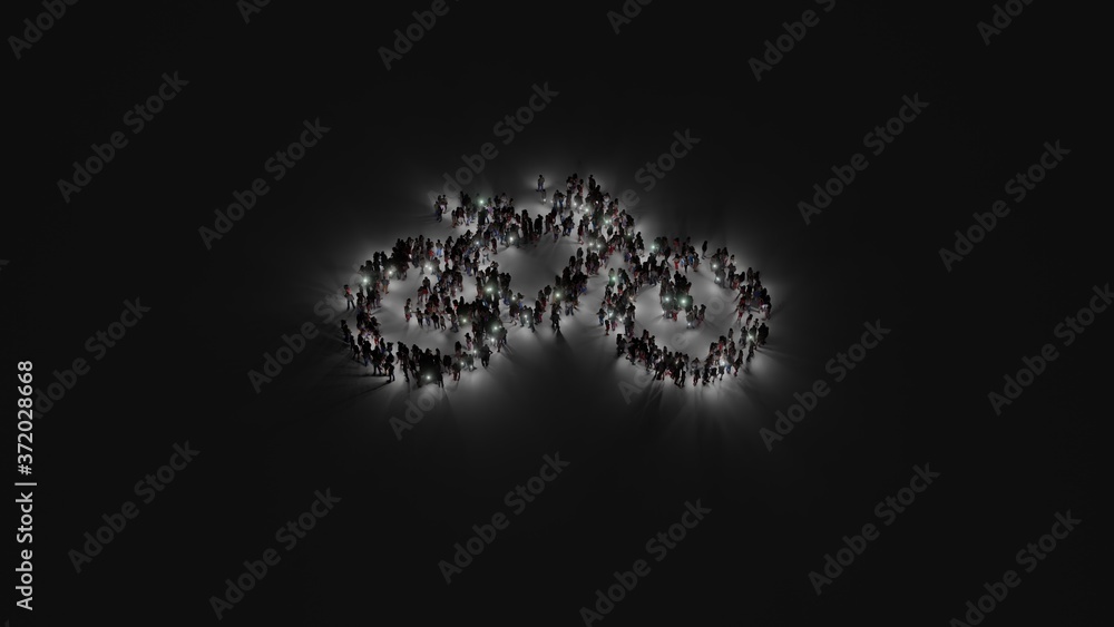 Poster 3d rendering of crowd of people with flashlight in shape of symbol of bicycle without rider on dark 