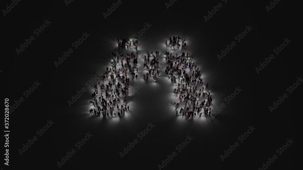 Poster 3d rendering of crowd of people with flashlight in shape of symbol of binoculars on dark background