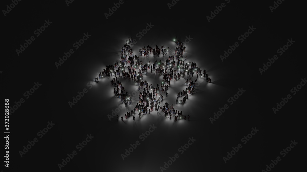 Poster 3d rendering of crowd of people with flashlight in shape of symbol of biohazard on dark background