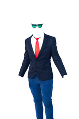 Invisible man dressed in blue jeans, a navy blue jacket, a red tie and sunglasses.