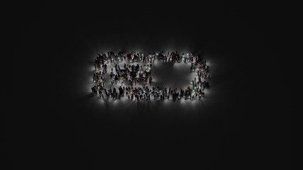 3d rendering of crowd of people with flashlight in shape of horizontal symbol of battery half on dark background