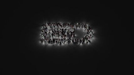 3d rendering of crowd of people with flashlight in shape of horizontal symbol of battery three quarters on dark background