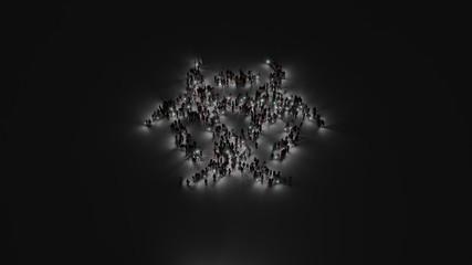 3d rendering of crowd of people with flashlight in shape of symbol of biohazard on dark background