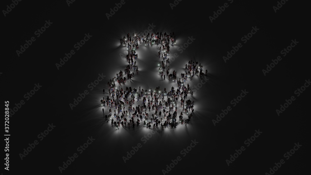 Poster 3d rendering of crowd of people with flashlight in shape of symbol of bong on dark background