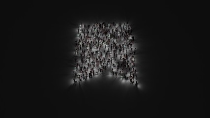 3d rendering of crowd of people with flashlight in shape of symbol of bookmark on dark background