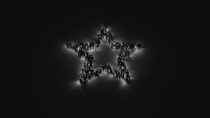 3d rendering of crowd of people with flashlight in shape of symbol of bookmark button on dark background