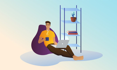 A young handsome guy sits on a chair with a bag with a cup of coffee and a laptop. Remote work concept, home office. New design.