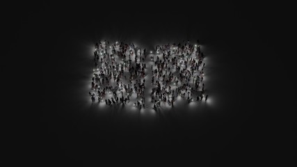 3d rendering of crowd of people with flashlight in shape of symbol of book open on dark background