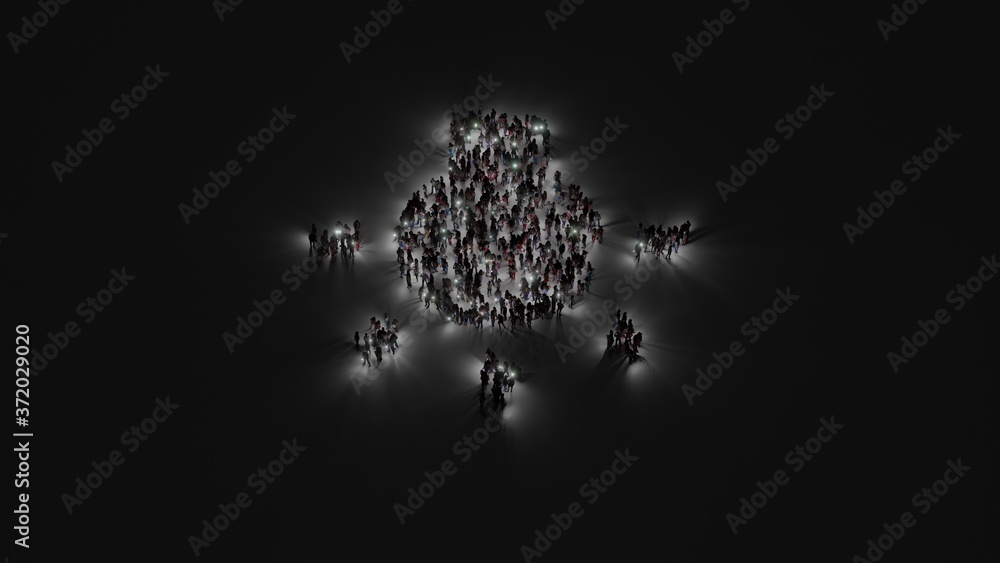 Aufkleber 3d rendering of crowd of people with flashlight in shape of symbol of bulb on dark background
