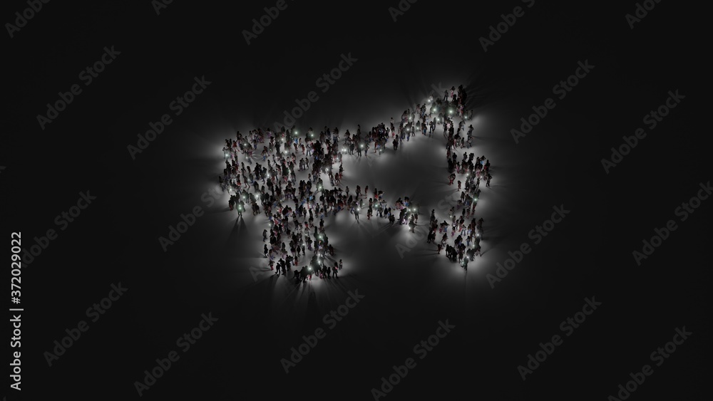 Aufkleber 3d rendering of crowd of people with flashlight in shape of symbol of bullhorn on dark background