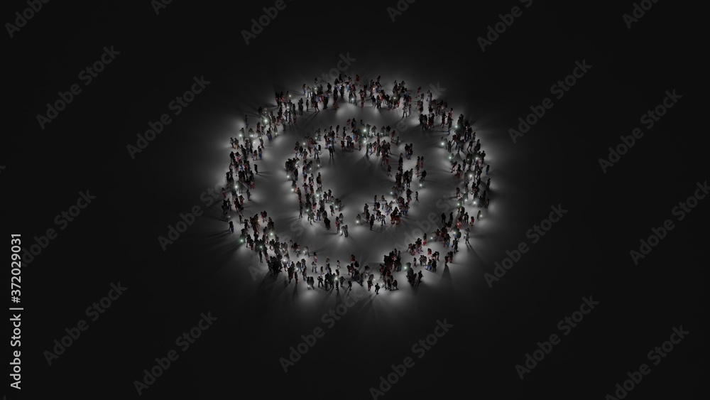 Poster 3d rendering of crowd of people with flashlight in shape of symbol of bullseye on dark background
