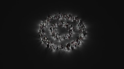 3d rendering of crowd of people with flashlight in shape of symbol of bullseye on dark background