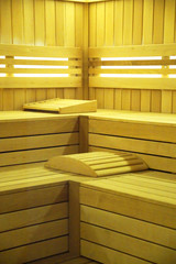 interior of the sauna, finished with wood with lighting