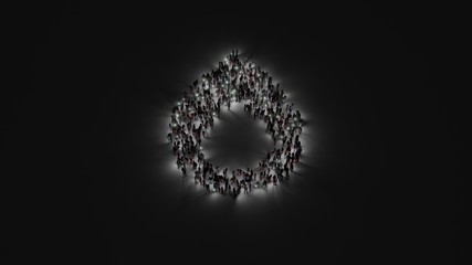 3d rendering of crowd of people with flashlight in shape of symbol of flame on dark background