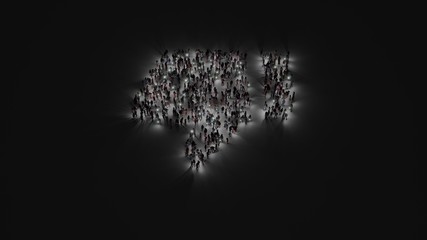 3d rendering of crowd of people with flashlight in shape of symbol of thumbs down on dark background