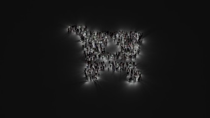 3d rendering of crowd of people with flashlight in shape of symbol of cart arrow down on dark background
