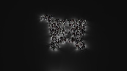 3d rendering of crowd of people with flashlight in shape of symbol of cart plus on dark background