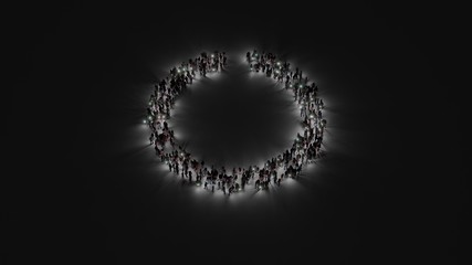 3d rendering of crowd of people with flashlight in shape of symbol of circle notch on dark background