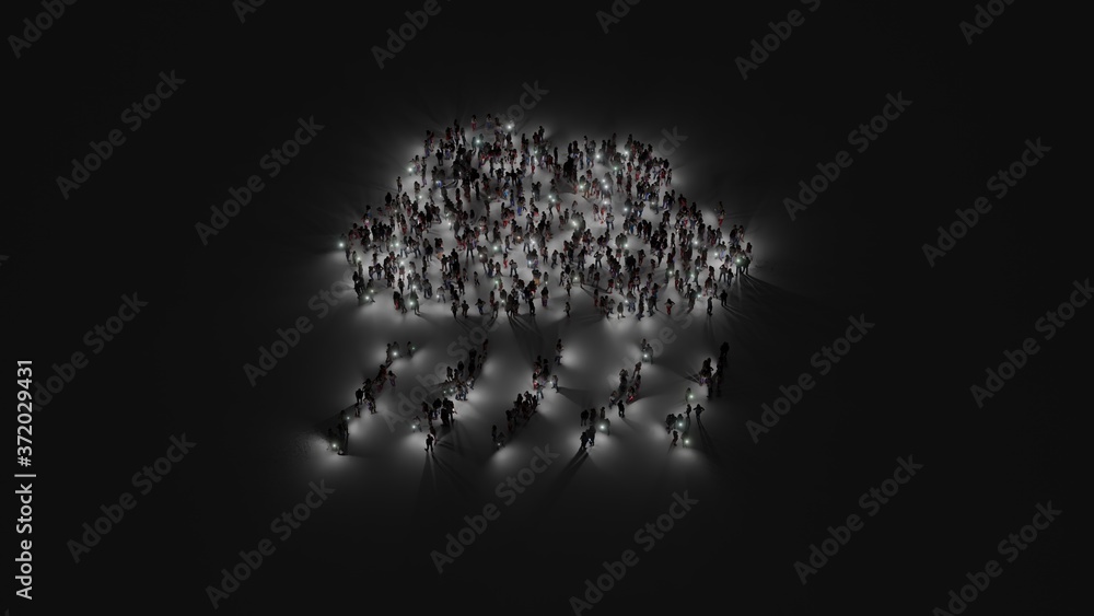 Poster 3d rendering of crowd of people with flashlight in shape of symbol of cloud showers heavy on dark ba