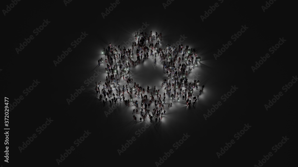 Aufkleber 3d rendering of crowd of people with flashlight in shape of symbol of cogwheel on dark background