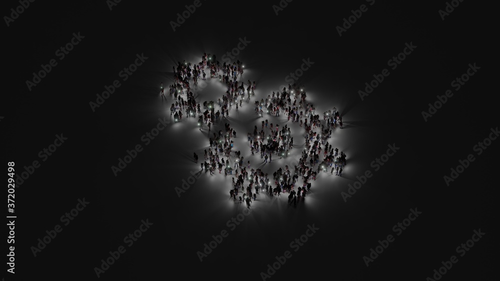 Aufkleber 3d rendering of crowd of people with flashlight in shape of symbol of cogwheel on dark background