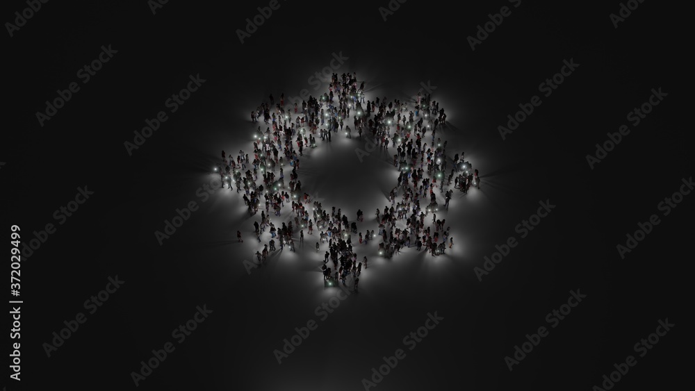 Poster 3d rendering of crowd of people with flashlight in shape of symbol of cogwheel on dark background