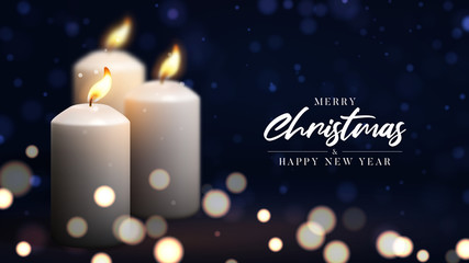 Merry Christmas and Happy New Year banner. Holiday banner with realistic 3d burning white candles and effect bokeh on background. Festive vector illustration.