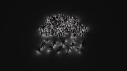 3d rendering of crowd of people with flashlight in shape of symbol of cloud showers heavy on dark background