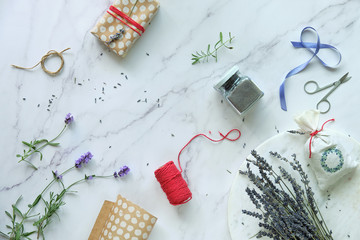 Lavender flowers, fresh and dry. Self made lavender sachets, sugar scrub and aromatic herb infused...