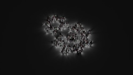 3d rendering of crowd of people with flashlight in shape of symbol of cogwheel on dark background