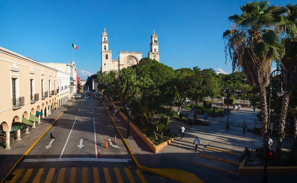 View to the cathedral of Merida over the main square park 'Plaza Grande' in Merida, Yucatan, Mexico