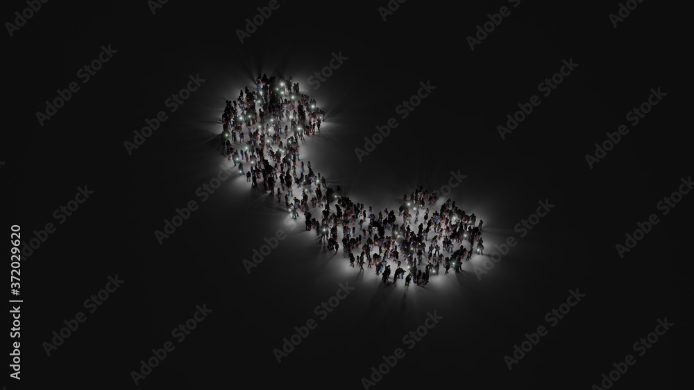 Aufkleber 3d rendering of crowd of people with flashlight in shape of symbol of communication phone on dark ba
