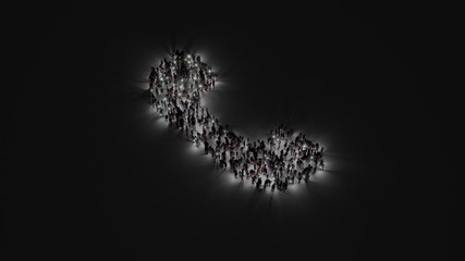 3d rendering of crowd of people with flashlight in shape of symbol of communication phone on dark background