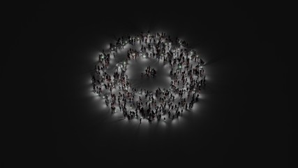 3d rendering of crowd of people with flashlight in shape of symbol of compact disc on dark background