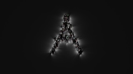 3d rendering of crowd of people with flashlight in shape of symbol of compass on dark background