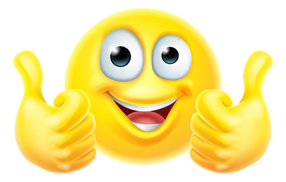 An emoji or emoticon cartoon icon face giving double thumbs up