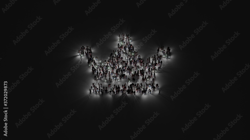 Poster 3d rendering of crowd of people with flashlight in shape of symbol of crown on dark background