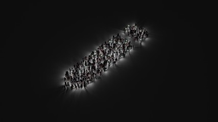 3d rendering of crowd of people with flashlight in shape of symbol of create new pencil button on dark background