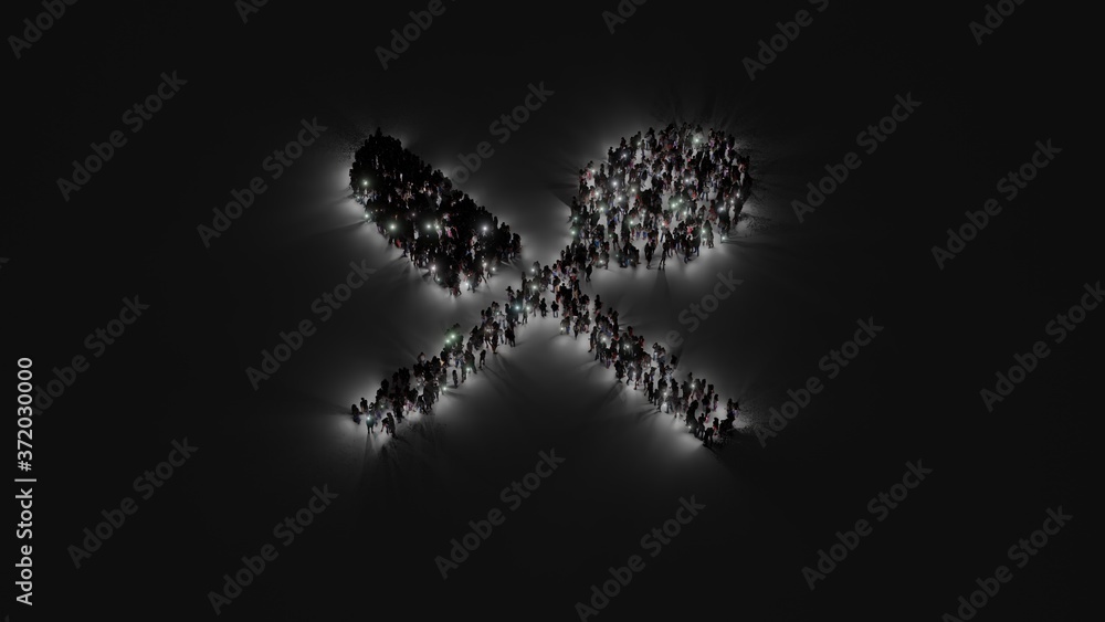 Poster 3d rendering of crowd of people with flashlight in shape of symbol of cutlery on dark background