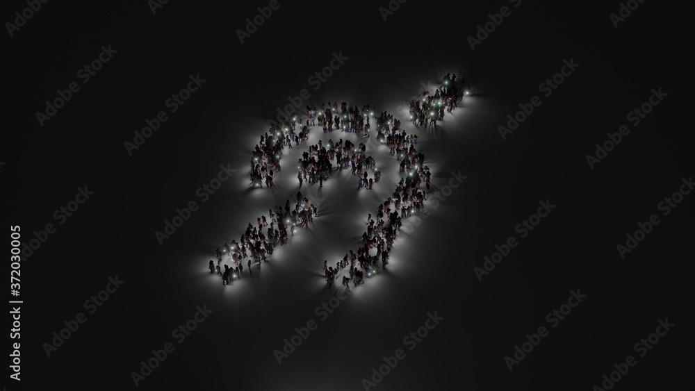 Aufkleber 3d rendering of crowd of people with flashlight in shape of symbol of deaf on dark background