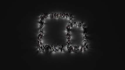3d rendering of crowd of people with flashlight in shape of symbol of devices on dark background