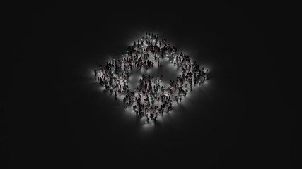 Obraz premium 3d rendering of crowd of people with flashlight in shape of symbol of directions on dark background