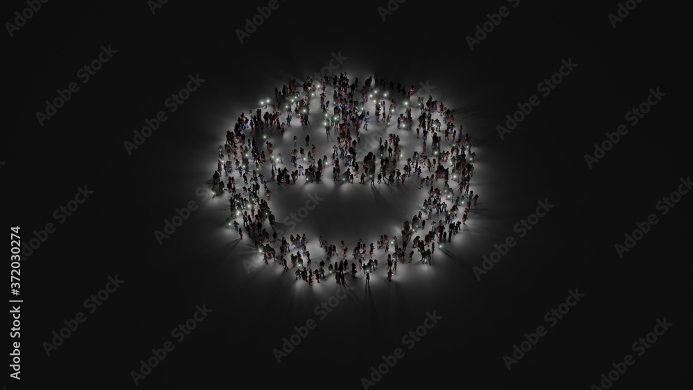 Poster 3d rendering of crowd of people with flashlight in shape of symbol of emoticons goofy on dark backgr