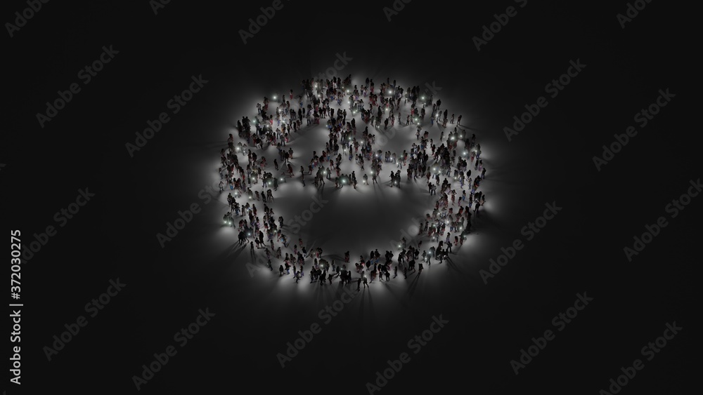 Poster 3d rendering of crowd of people with flashlight in shape of symbol of emoticons joyful on dark backg