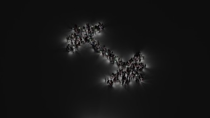 3d rendering of crowd of people with flashlight in shape of symbol of dumbbell on dark background