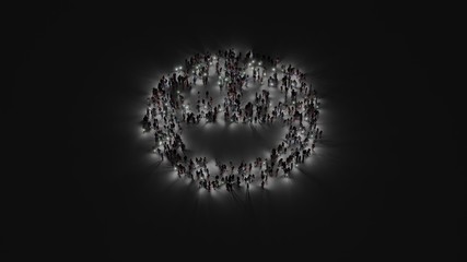 3d rendering of crowd of people with flashlight in shape of symbol of emoticons goofy on dark background - obrazy, fototapety, plakaty