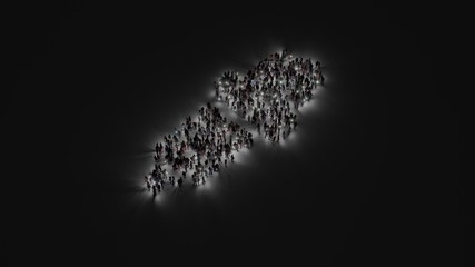 3d rendering of crowd of people with flashlight in shape of symbol of eye dropper on dark background