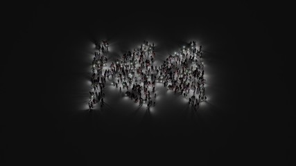 3d rendering of crowd of people with flashlight in shape of symbol of fast backward on dark background