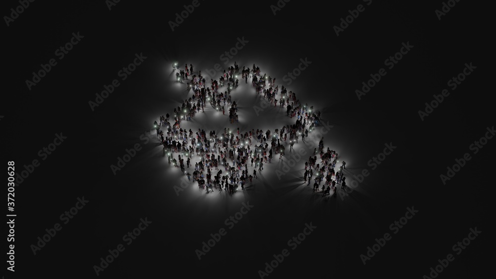 Aufkleber 3d rendering of crowd of people with flashlight in shape of symbol of fill drip on dark background