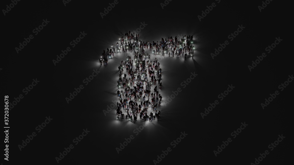 Aufkleber 3d rendering of crowd of people with flashlight in shape of symbol of fire extinguisher on dark back